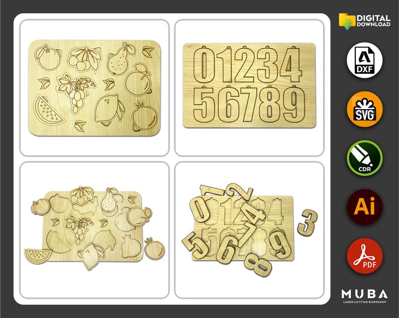 May include: Wooden puzzles featuring fruits and numbers. One puzzle displays various fruits like watermelon, grapes, and lemons. Another shows the numbers 0-9. The third puzzle has the numbers and fruit shapes removed. The last puzzle has the numbers removed. The text "DIGITAL DOWNLOAD" is visible.
