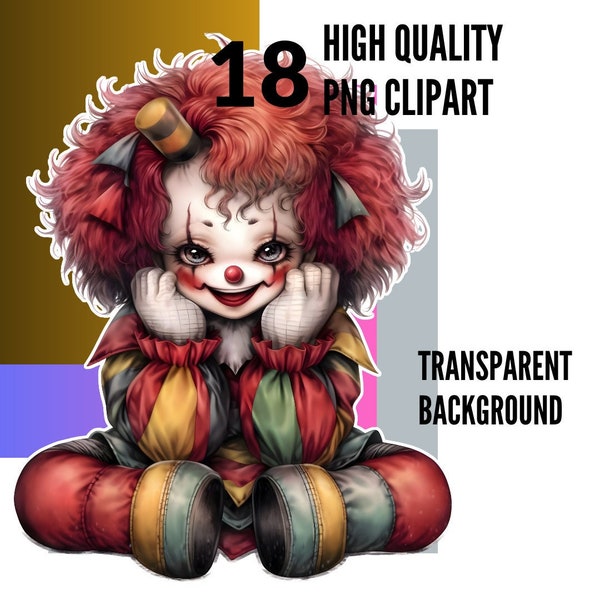 Cute Creepy Clown Digital Sticker Clipart, Halloween Clipart, Creepy Clown Sticker Clipart