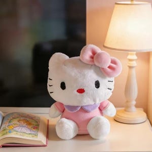 May include: A soft white Hello Kitty toy with a pink bow, dress, and collar. The doll has black eyes and a red nose. It is placed on a white surface beside a lamp and an open book.
