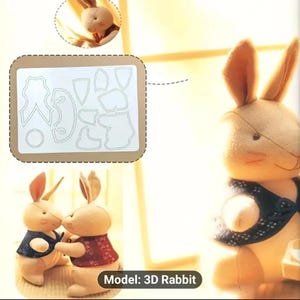 May include: A soft toy rabbit with long ears and a small vest. The image also shows a pattern for the rabbit's construction, with the text "Model: 3D Rabbit". The rabbit is beige with pink cheeks.