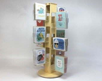 Rotating Countertop Card Rack - 12 Clear Pockets for Postcards, Greeting Cards + Stickers, Card Spinner Retail Display Made W/ Birch Plywood