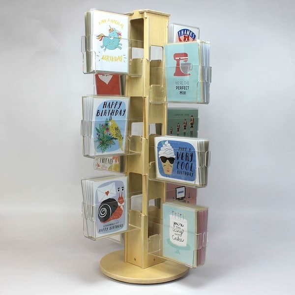 Rotating Countertop Card Rack - 12 Clear Pockets for Postcards, Greeting Cards + Stickers, Card Spinner Retail Display Made W/ Birch Plywood