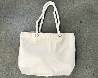 Large Beach Tote Bag | Cotton Canvas Tote with Rope Handles & Zip Pocket | Summer Travel and Pool Bag