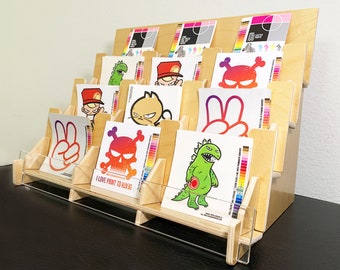 Card & Sticker Display Stand | 12 Pocket Wooden Rack | Countertop Retail Display for Cards, Prints, Craft Fair Booth