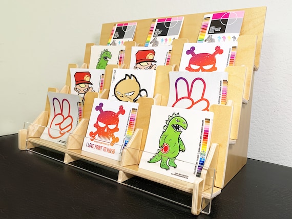 Card & Sticker Display Stand | 12 Pocket Wooden Rack | Countertop Retail Display for Cards, Prints, Craft Fair Booth