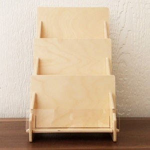 Counter Top Retail Card Display Stand With 3-Tiers of Shelves 7.625" Wide Made From Birch Plywood + Clear Acrylic