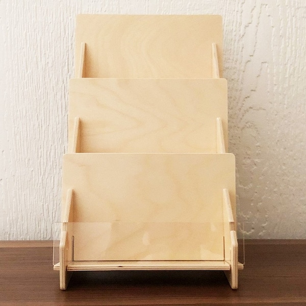 Counter Top Retail Card Display Stand With 3-Tiers of Shelves 7.625" Wide Made From Birch Plywood + Clear Acrylic