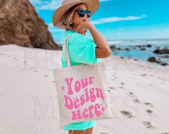 Natural Canvas Tote Bag Mockup | Beach Lifestyle, POD Mock (Digital Download)