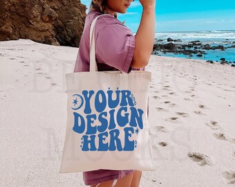 Tote Bag Beach Mockup | Natural Canvas Tote Bag Mock | Lifestyle Tote Bag Mock | Model Tote Bag | Canvas Tote Bag Model | POD Mockup