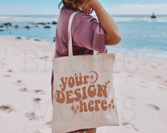Natural Canvas Tote Bag Mockup | Beach Lifestyle, POD Mock