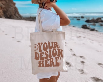 Natural Canvas Beach Tote Bag Mockup | Lifestyle Mock | POD Mockup