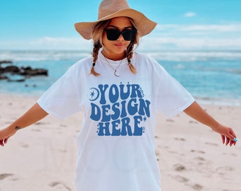 Comfort Colors C1717 Beach Mockup | White C1717 Model Mockup | CC Shirt Mockup | C1717 Shirt Model | Trendy Boho Mockup