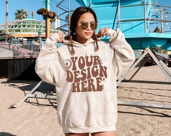 Gildan 18500 Sand Hoodie Mockup | Beach Lifestyle (JPG & PNG)
