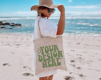 Tote Bag Beach Mockup | Natural Canvas Tote Bag Mock | Lifestyle Tote Bag Mock | Model Tote Bag | Canvas Tote Bag Model | POD Mockup