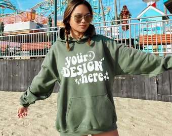Gildan 18500 Military Green Hoodie Mockup | Beach Lifestyle (JPG & PNG)