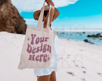 Tote Bag Beach Mockup | Natural Canvas Tote Bag Mock | Lifestyle Tote Bag Mock | Model Tote Bag | Canvas Tote Bag Model | POD Mockup