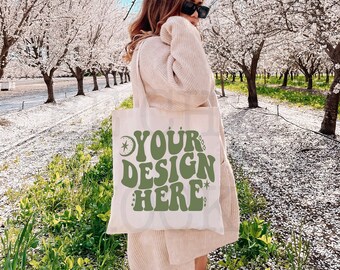Mockup natuurlijke canvas draagtas | Mock voorjaarsoutfit (JPG en PNG)