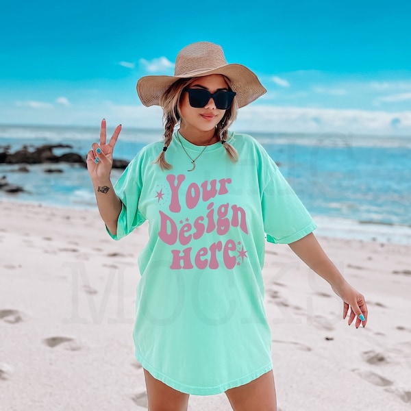 Comfort Colors C1717 Beach Mockup | Island Reef C1717 Model Mockup | CC Shirt Mockup | C1717 Shirt Model | Trendy Boho Mockup