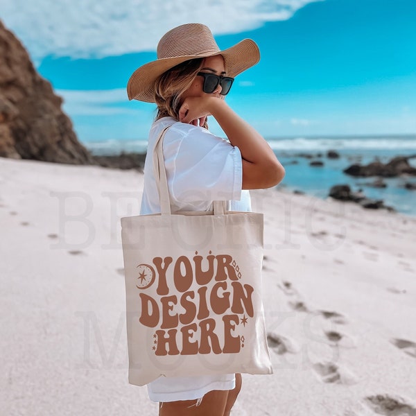 Tote Bag Beach Mockup | Natural Canvas Tote Bag Mock | Lifestyle Tote Bag Mock | Model Tote Bag | Canvas Tote Bag Model | POD Mockup