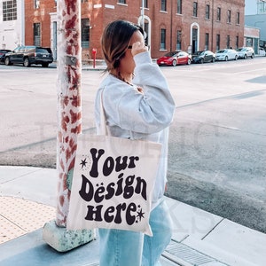 Tote Bag Mockup | Natural Canvas Tote Bag Mock | Lifestyle Tote Bag Mock, Model Tote Bag, Canvas Tote Bag Mockup, Print On Demand Mockup