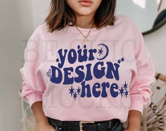 Gildan 18000 Mockup | Gildan Light Pink Sweatshirt Mockup | 18000 Model Trendy Mockup | 18000 Chic Mockup | 18000 Stylish Mockup