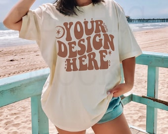 Bella Canvas 3001 Natural T-Shirt Mockup | Beach Scene, XL Model (JPG & PNG)
