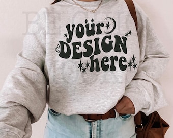 Gildan 18000 Ash Sweatshirt Mockup, Selfie Model (Digital Download)