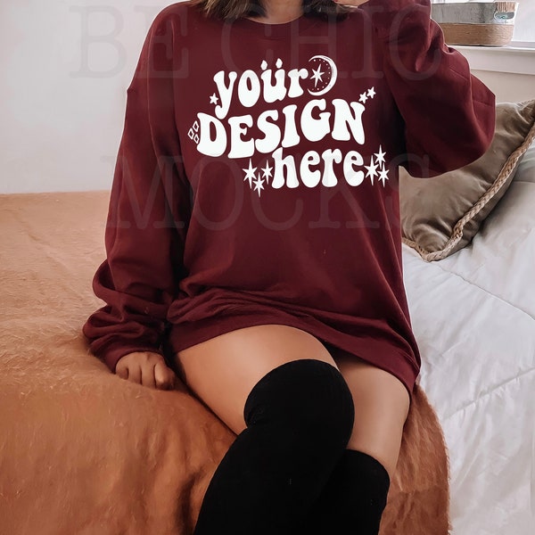 Gildan 18000 Mockup | Gildan Maroon Sweatshirt Mockup | 18000 Mirror Selfie Model Trendy Mockup | 18000 Chic Mockup