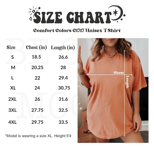 Comfort Colors C1717 Size Chart | Comfort Colors Shirt Size Chart | Unisex T-Shirt Size Guide | Comfort Colors Model Size Chart
