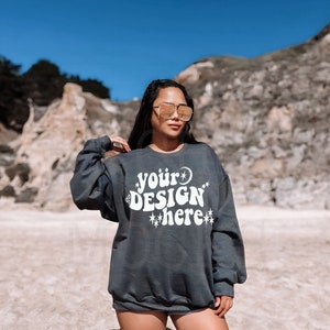 Gildan 18000 Mockup | Gildan Dark Heather Sweatshirt Mockup | 18000 Model Lifestyle Mockup | 18000 Beach Mockup | Gildan Outdoor Mockup