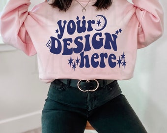 Gildan 18000 Mockup | Gildan Light Pink Sweatshirt Mockup | 18000 Model Trendy Mockup | 18000 Chic Mockup | 18000 Stylish Mockup