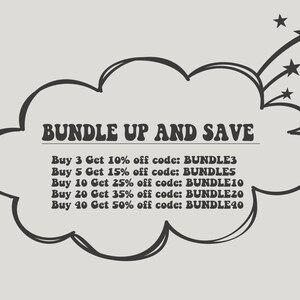 K&ouml;nnte beinhalten: Eine Schwarzwei&szlig;illustration einer Wolke mit dem Text "BUNDLE UP AND SAVE" und einer Liste von Rabattcodes f&uuml;r den Kauf mehrerer Artikel. Die Codes sind: BUNDLE3, BUNDLES, BUNDLE10, BUNDLEZO und BUNDLE40.