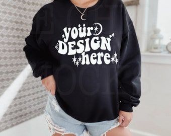Gildan 18000 Black Sweatshirt Mockup | Trendy Boho Style (JPG & PNG)