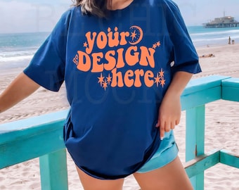 Bella Canvas 3001 Beach Mockup | Bella Canvas Navy Shirt Model | Bella Canvas Model Mockup | 3001 Summer Mockup | 3001 Beach Model