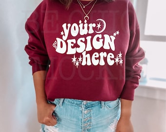 Gildan 18000 Maroon Sweatshirt Mockup | Trendy Chic Model (Digital Download)