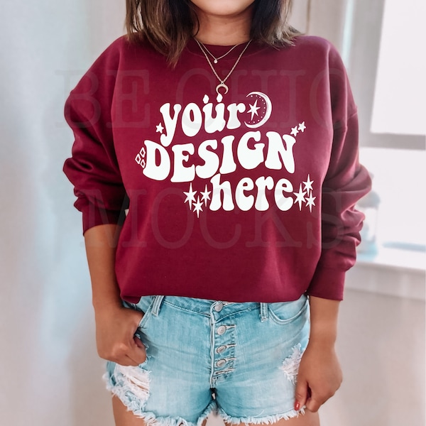 Gildan 18000 Mockup | Gildan  Sweatshirt Maroon Mockup | 18000 Model Trendy Mockup | 18000 Chic Mockup | 18000 Lifestyle Mockup