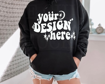Gildan 18500 Black Hoodie Mockup | Trendy Chic Model (JPG & PNG)
