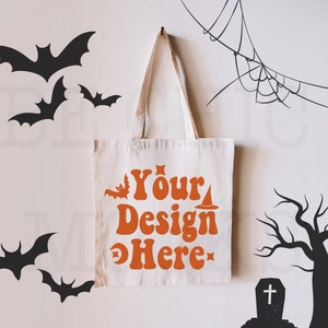 Tote Bag Halloween Mockup / Natural Canvas Tote Bag Mock / Lifestyle Tote Bag Mock / Model Tote Bag / Canvas Tote Bag Model / POD Mockup