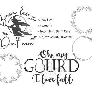 Cinco arquivos SVG - SVG de outono e Halloween, I Love Fall svg, Cabelo de vassoura, Não me importo SVG, Bruxa svg