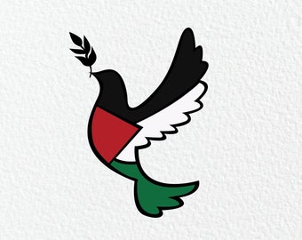 Könnte beinhalten: Stilisierte Taubenillustration mit ausgebreiteten Flügeln, die einen Olivenzweig trägt. Der Körper der Taube zeigt die Farben der palästinensischen Flagge: Schwarz, Weiß, Rot und Grün. Der Text "LRN GRAPHICS" befindet sich unten.