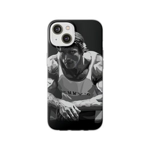 May include: Black and white illustration of a muscular man wearing a white tank top with the word "DENNY'S" printed on it. The image is on a clear phone case.