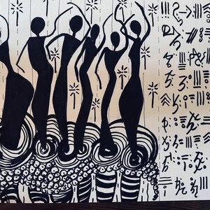 May include: Black and white ink drawing of five stylized figures dancing on a patterned background. The figures are all wearing long dresses and have their arms raised in the air. The background is filled with a variety of abstract shapes and lines.