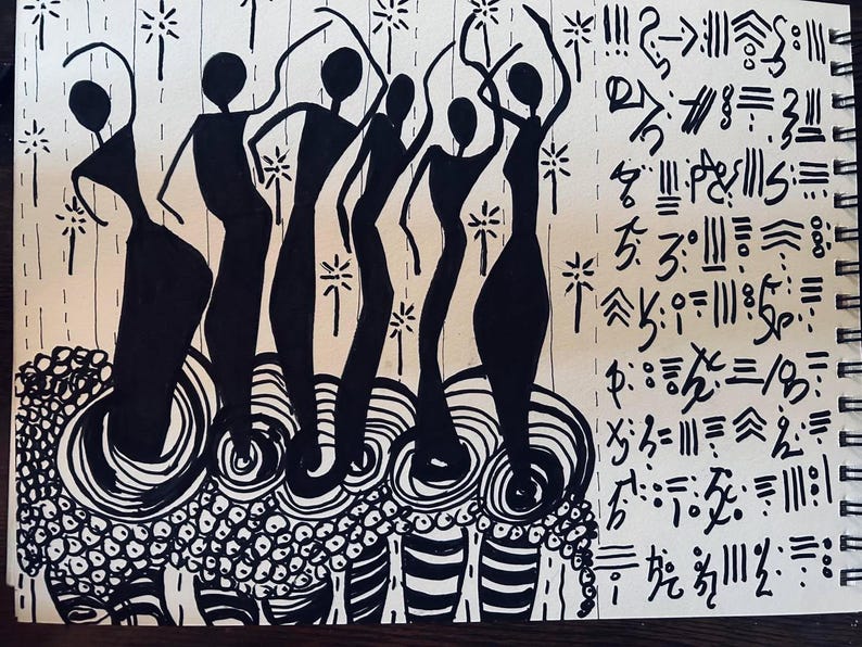 May include: Black and white ink drawing of five stylized figures dancing on a patterned background. The figures are all wearing long dresses and have their arms raised in the air. The background is filled with a variety of abstract shapes and lines.