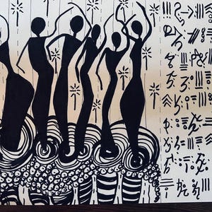 May include: Black and white ink drawing of five stylized figures dancing on a patterned background. The figures are all wearing long dresses and have their arms raised in the air. The background is filled with a variety of abstract shapes and lines.