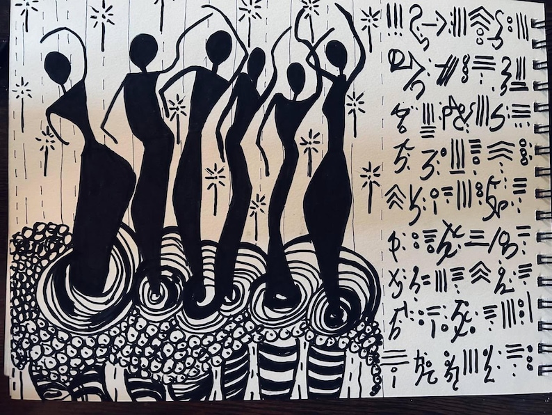 May include: Black and white ink drawing of five stylized figures dancing on a patterned background. The figures are all wearing long dresses and have their arms raised in the air. The background is filled with a variety of abstract shapes and lines.