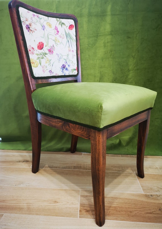 Green Velvet Upholstered Chair With Vintage Flower Patterns Etsy