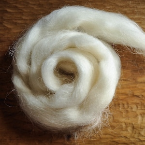 May include: A close-up of a white, fluffy ball of wool yarn, rolled into a spiral shape. The yarn is soft and appears to be natural.