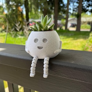 May include: A white ceramic planter shaped like a smiling person with small legs. The planter is holding a small succulent plant.