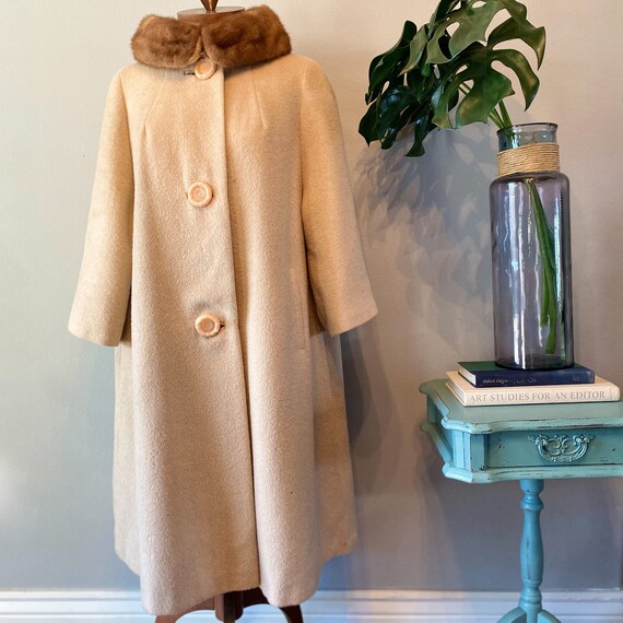 Vintage 50s 60s Fur Trimmed Wool Winter Full Length Coat With 