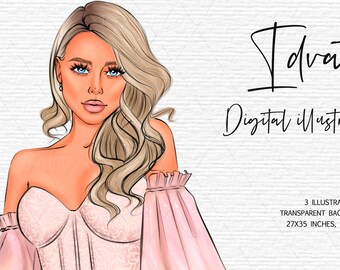 ブロンドのファッションプランナーガールのイラスト、ピンクのドレス、プランナーステッカー用のかわいいクリップアート、即時ダウンロード、印刷可能なアート、ホームオフィスの装飾